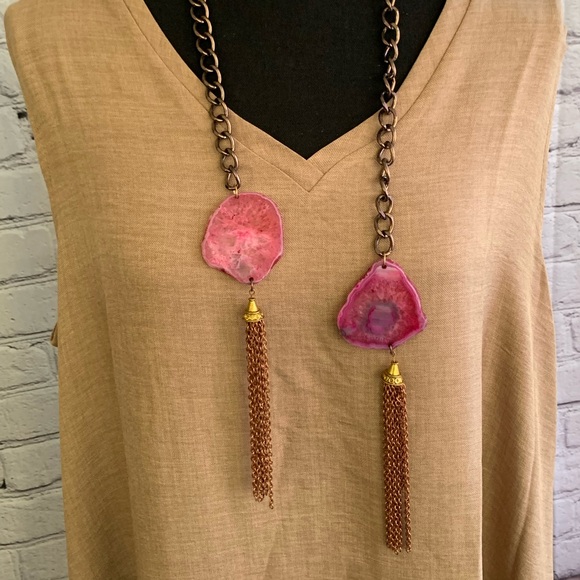 Dyed Orca Agate Slab Tassel Lariat Style Chunky Chain Vintage Necklace - Picture 5 of 7